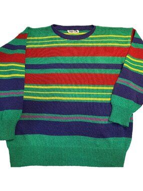 Giorgio Armani Vintage 80s Colorful Striped Knit Sweater XL Made in Italy